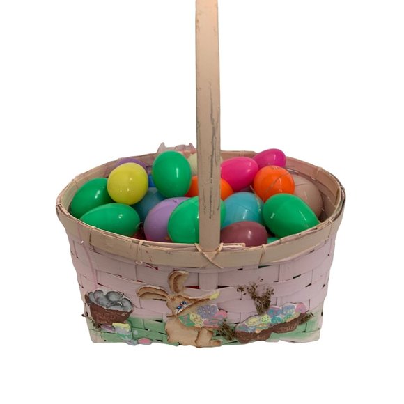 Pink Wicker Wooden Woven Basket Handpainted Easter Bunny Painting Egg Vintage 13 - Picture 1 of 5